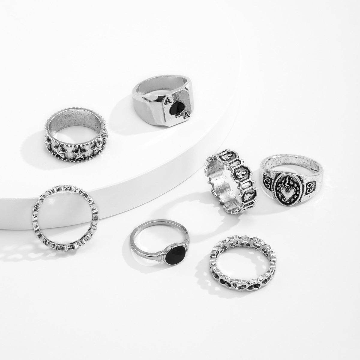 Wholesale Men's metal ring set geometric hollow oil drop ring set ring combination